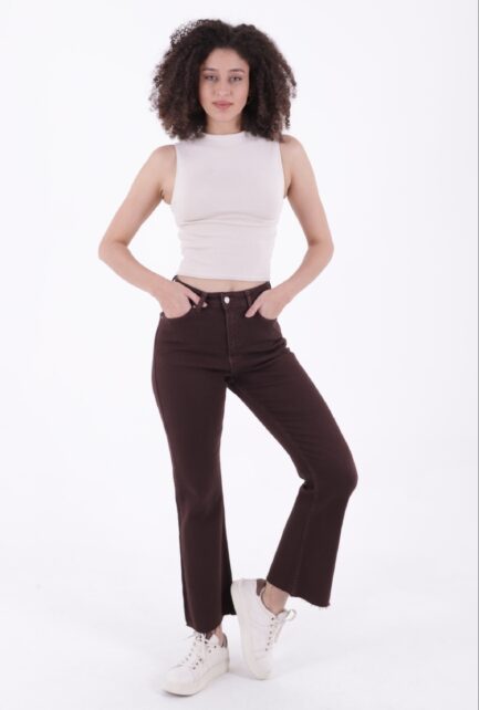 Geniş Paça Yüksek Belli Paçaları Dikişsiz Detaylı Esnek Mom Fit Kadın Kot Pantolon Kahverengi Denim