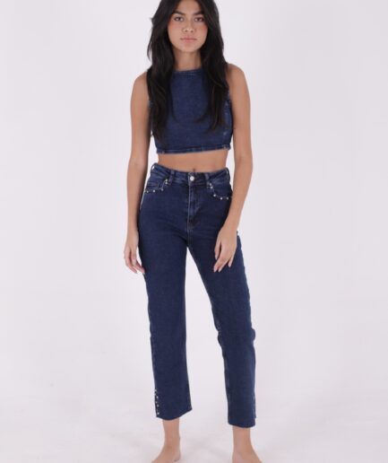 Paçaları Taşlı ve Yırtmaçlı Cepli Yüksek Belli Mom Fit Kadın Jean Kot Pantolon Düz Koyu Rins Denim