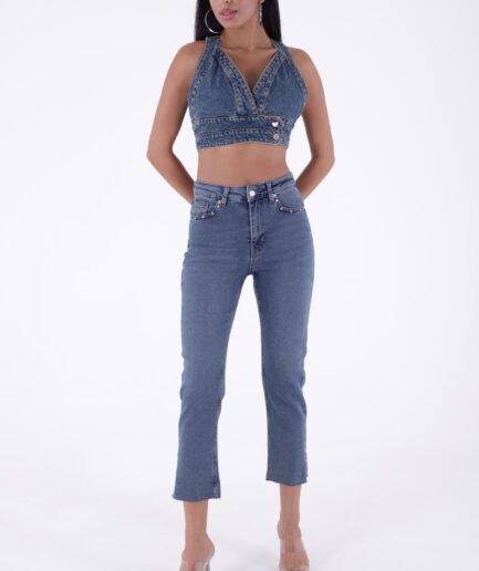Cepleri ve Paçaları Taş Detaylı Yüksek Belli Mom Fit Kadın Kot Pantolon Jean Orta Mavi Tintli Denim