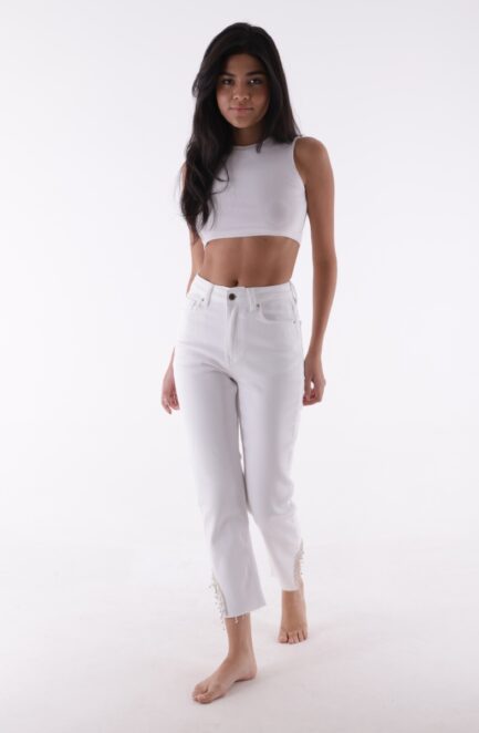 Paçaları Taşlı ve Bitişi Dikişsiz Bilek Boy Yüksek Bel Mom Fit Kadın Kot Pantolon Jean Beyaz Denim 