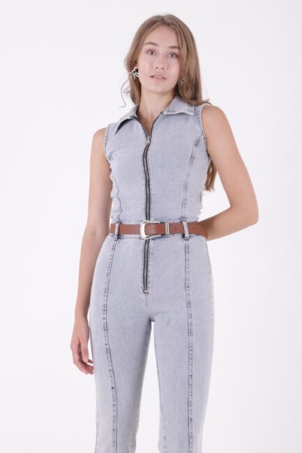 Dekoratif Kemer Detaylı Ve Kolsuz Fermuarlı Rahat Kot Kadın Tulum Kar Yıkama Açık Mavi Denim