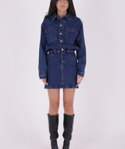 Önü Düğmeli ve Uzun Kollu Klasik Yakalı Normal Kalıplı Mini Etekli Kot Kadın Elbise Koyu Mavi Denim