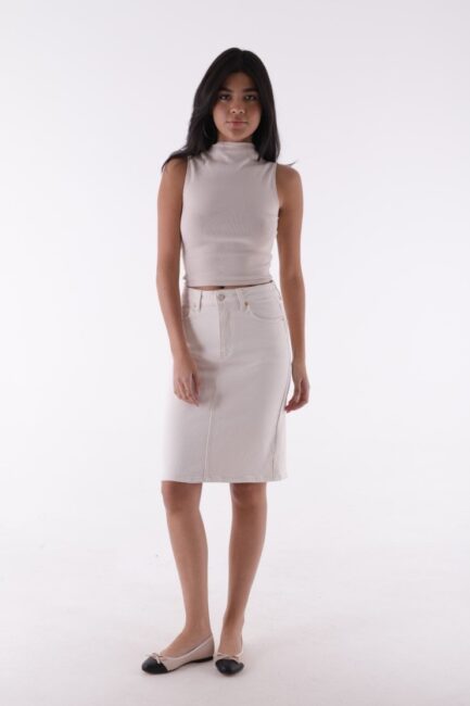 Orta Boy Klasik Tarzlı Cepli ve Astarsız Normal Belli Kadın Kot Etek Bej- Naturel Denim