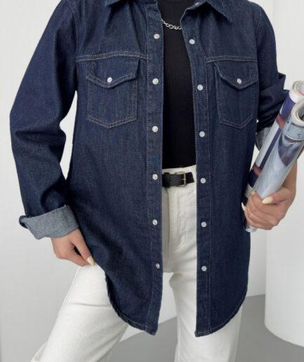 Klasik Yakalı Uzun Kollu Çıtçıt Kapama Detaylı Kadın Kot Gömlek Denim Dört Mevsim Slaplı Lacivert