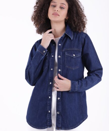 Klasik Yakalı Uzun Kollu Çıtçıt Kapama Detaylı Kadın Kot Gömlek Koyu Rins  Denim Dört Mevsim