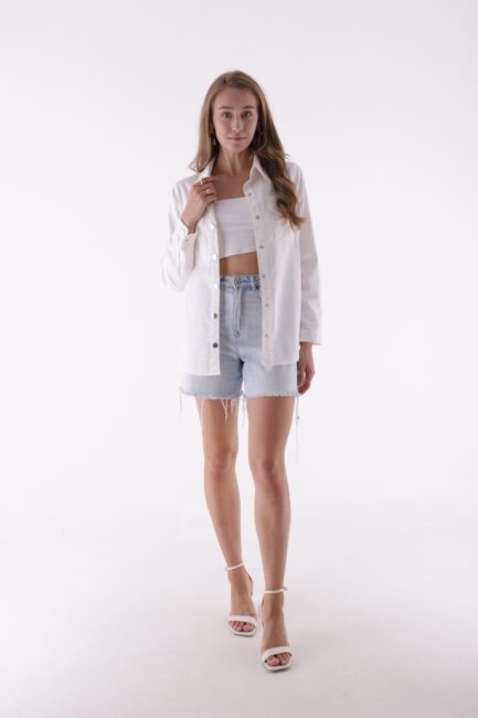 Klasik Yakalı Uzun Kollu Çıtçıt Kapama Detaylı Kadın Kot Gömlek Beyaz Denim Dört Mevsim