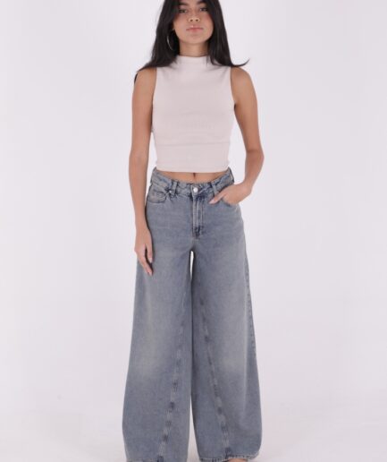 Yüksek Belli ve Parçalı Baggy Rahat Cepli Rahat Kot Kadın Jean Pantolon Orta Mavi ve Tintli Denim