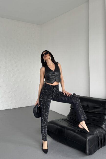 Leopar Taşlı ve Yüksek Belli Dikişsiz Paçalı Bilek Boy Mom Fit Kadın Kot Pantolon Düz Antrasit Jean