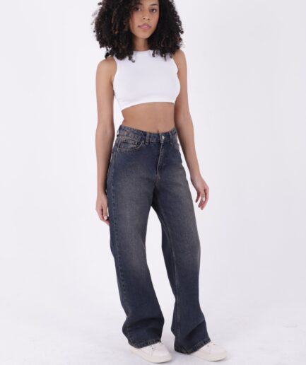 Geniş Paçalı ve Yüksek Belli Cepli Rahat Kadın Kot Pantolon Relaxed Jean Koyu Mavi Tintli Denim