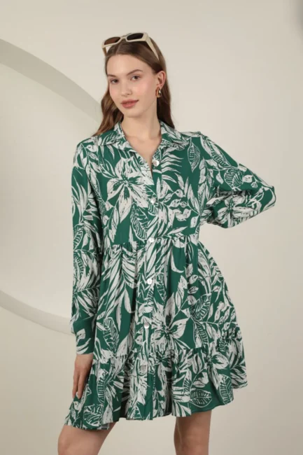 Yaprak Desenli ve Uzun Kollu Viskon Kumaşlı Gömlek Yakalı Kadın Kısa Elbise Yeşil Yaz Bahar