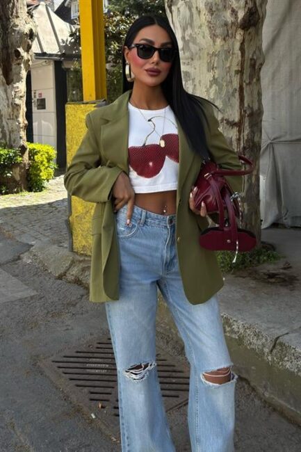 Uzun Kollu ve Düğme Kapamalı Kruvaze Yakalı Oversize Blazer Kadın Keten Ceket Haki