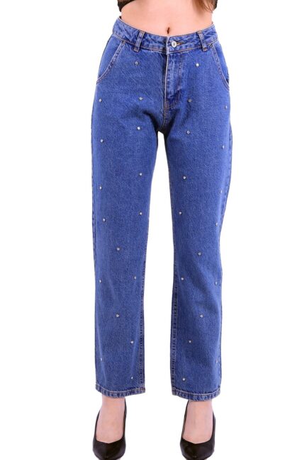 Önü Dekoratif Taşlı Yüksek Belli Cepli Mom Fit Kadın Kot Pantolon Jean Durulanmış Mavi Dört Mevsim