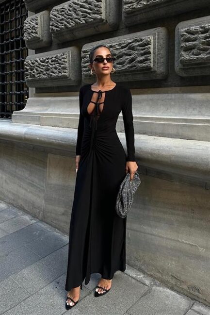 Dekolte ve Bağlama Detaylı Standart Kalıplı Uzun Kollu Uzun Sandy Kadın Elbise Siyah