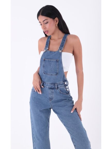 Yanları Düğme Detaylı Dekoratif Cepli Astarsız Mom Fit Kadın Kot Tulum Orta Mavi Denim Dört Mevsim