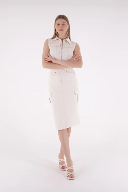 Kargo Cepli Detaylı ve Normal Belli Orta Boy Uzunlukta Kadın Kot Etek Naturel / Doğal Denim