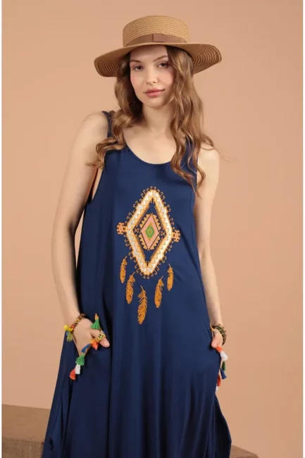Önü Nakışlı ve Örme Detaylı Viskon Kumaşlı Kolsuz Uzun / Maxi Boy Kadın Elbise Lacivert Yaz / Bahar