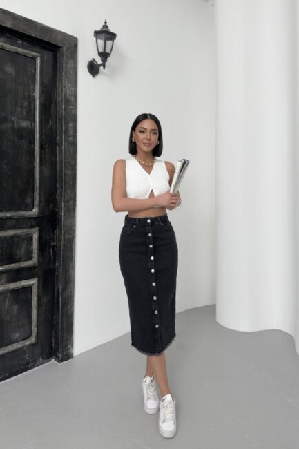 Önü Düğmeli ve Bitişi Püsküllü Cepli Kısa Boylu Kot Kadın Etek Normal Antrasit Denim Yaz / Bahar