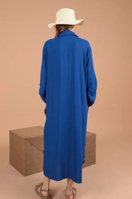 Pulpayet Nakış Detaylı Gömlek Yakalı Uzun Kollu ve Viskon Kumaşlı Kadın Elbise Saks Yaz / Bahar