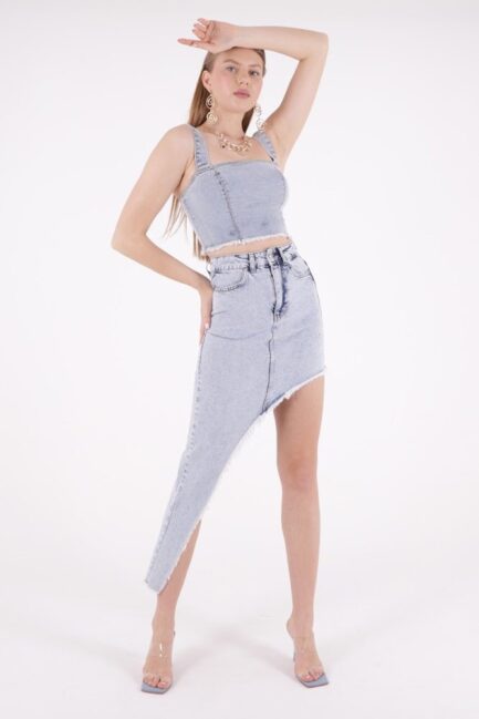 Püsküllü ve Çapraz Kesim Detaylı Cepli Astarsız Normal Belli Kadın Kot Etek Orta Mavi Denim Yaz