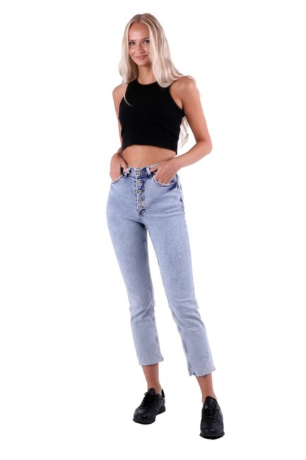 Düğme Detaylı ve Yüksek Belli Cepli Astarsız Mom Kadın Kot Pantolon Kar Açık Mavi Denim Dört Mevsim 