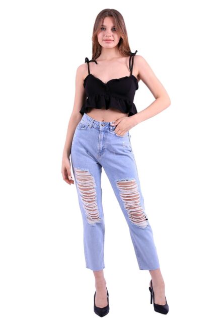 Önü Yırtıklı Detaylı Yüksek Belli Cepli ve Astarsız Mom Fit Kadın Kot Pantolon Buz Mavisi Denim